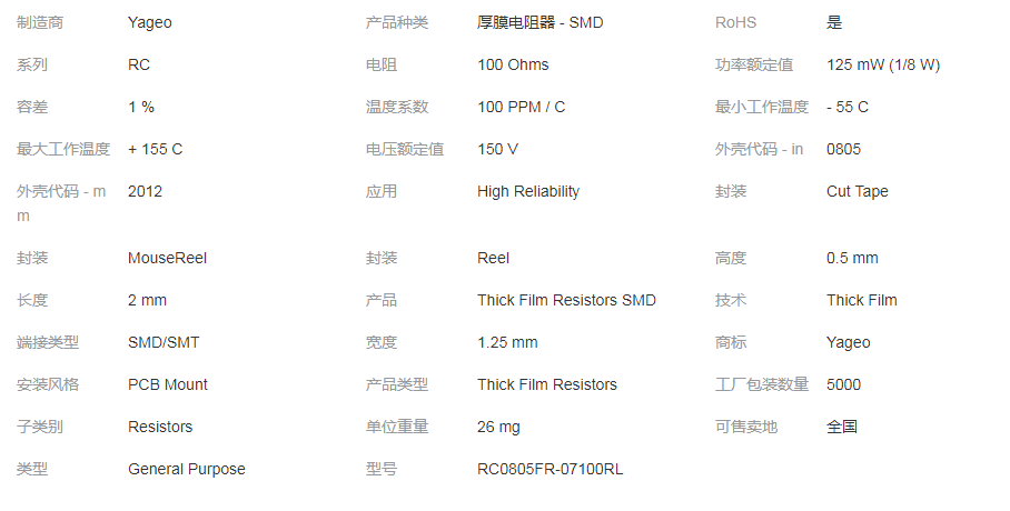 RC0805FR-07100RL国巨_市场报价 - 百度AI市场